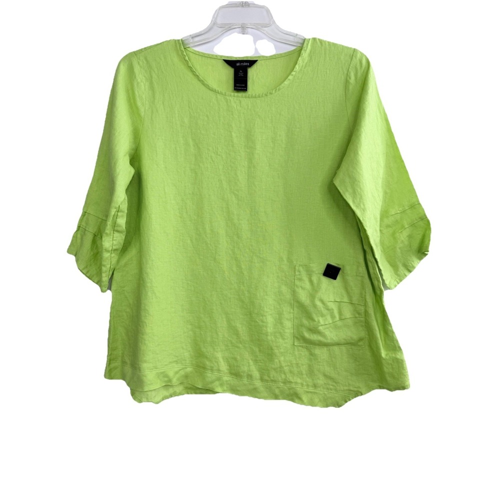 Ali Miles 100% Linen Tunic Top Sz PL Lime Green Artsy Coastal Resort Beachy